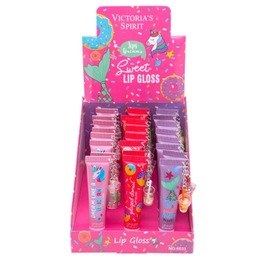 Оптом Набір блисків для губ з брелоком із фруктовими смаками SWEET LIP GLOSS VICTORIA'S SPIRIT - 24 од.* 10 мл