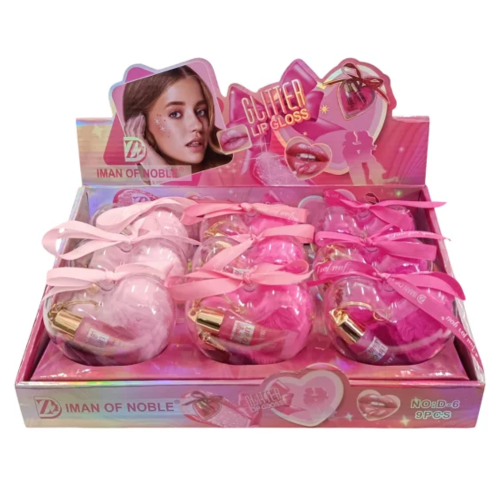 Оптом Набір блисків для губ 2-в-1 з хутряним брелоком GLITTER LIP GLOSS IMAN OF NOBLE - 9 шт./уп.