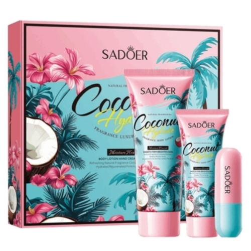 Оптом Набір для догляду за тілом і губами 3 в 1 (лосьйон для тіла, крем для рук, гігієнічна помада) SADOER COCONUT
