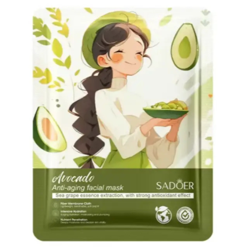 Оптом Відновлююча тканинна маска для обличчя з авокадо антивікова, зволожуюча, від набряклості, сухості, зморшок, гусячих лапок SADOER AVOCADO ANTI-AGING FACIAL MASK – 25 г
