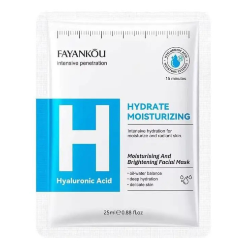 Оптом Зволожуюча тканинна маска для обличчя з гіалуроновою кислотою омолоджуюча, від сухості, стягнення, зморшок, набряклості FAYANKOU HYALURONIC ACID MOISTURISING AND BRIGHTENING FACIAL MASK – 25 г